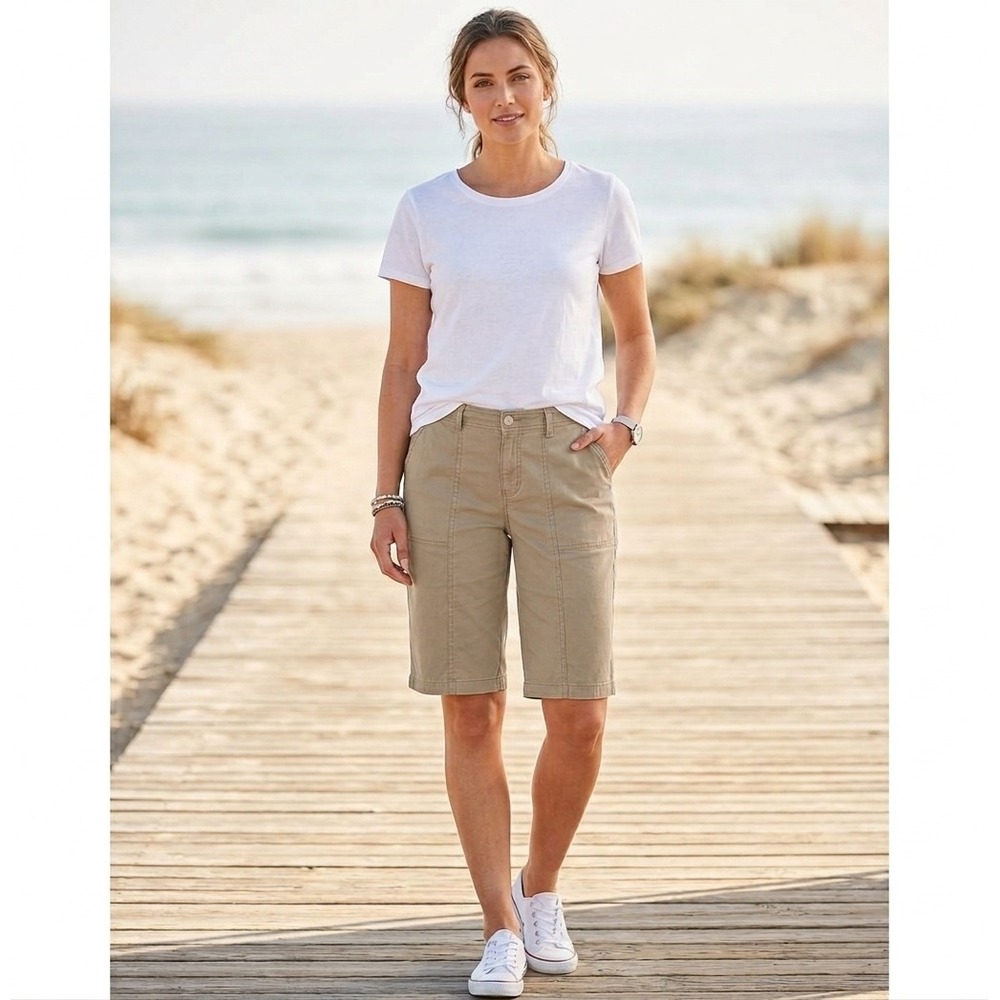 Flamingals Bermuda Shorts Khaki Utility Stretch Cotton Women XL NWT